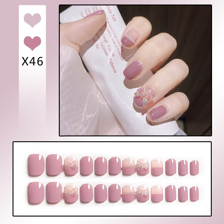 24PCS/Box Bowknot Rabbit Pattern Pearl Short Square Designer Fashion Design French Style Full Covering Pressed Fake Nails X46---Fake Nails