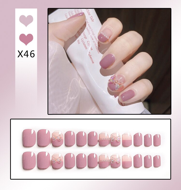 24PCS/Box Bowknot Rabbit Pattern Pearl Short Square Designer Fashion Design French Style Full Covering Pressed Fake Nails X46---Fake Nails