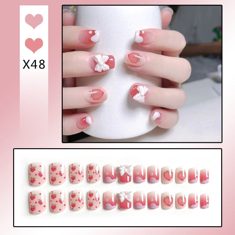 24PCS/Box Bowknot Rabbit Pattern Pearl Short Square Designer Fashion Design French Style Full Covering Pressed Fake Nails X48--Fake Nails