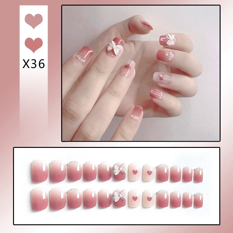 24PCS/Box Bowknot Rabbit Pattern Pearl Short Square Designer Fashion Design French Style Full Covering Pressed Fake Nails X36--Fake Nails
