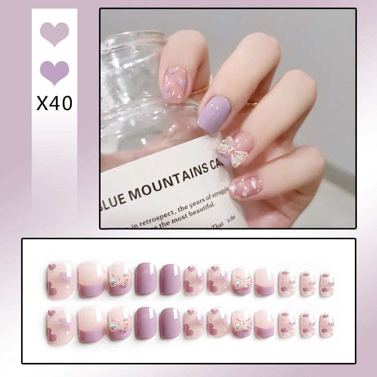 24PCS/Box Bowknot Rabbit Pattern Pearl Short Square Designer Fashion Design French Style Full Covering Pressed Fake Nails X40---Fake Nails