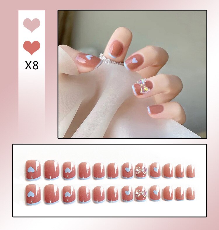 24PCS/Box Bowknot Rabbit Pattern Pearl Short Square Designer Fashion Design French Style Full Covering Pressed Fake Nails X8-- Fake Nails