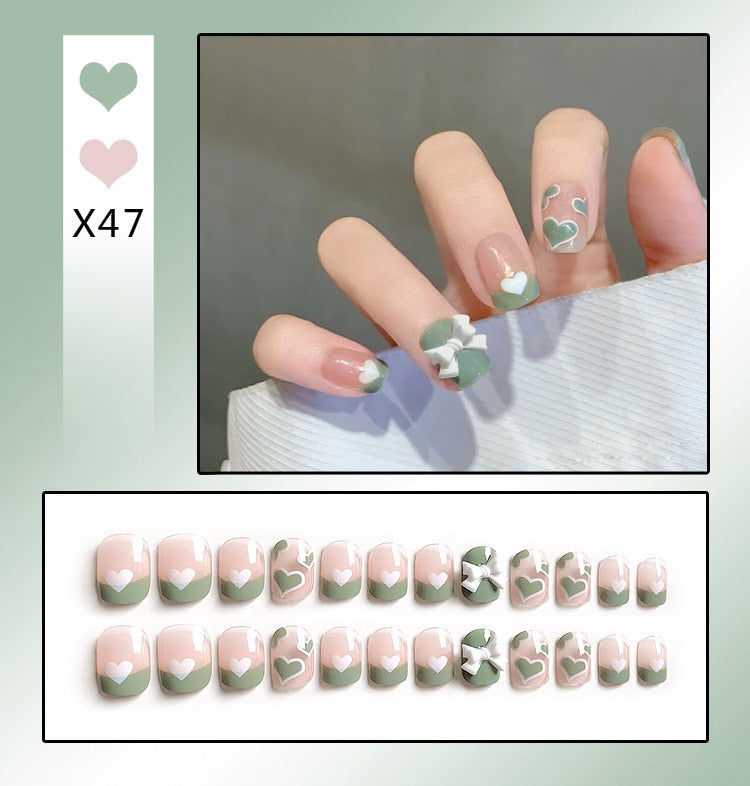 24PCS/Box Bowknot Rabbit Pattern Pearl Short Square Designer Fashion Design French Style Full Covering Pressed Fake Nails X47--Fake Nails
