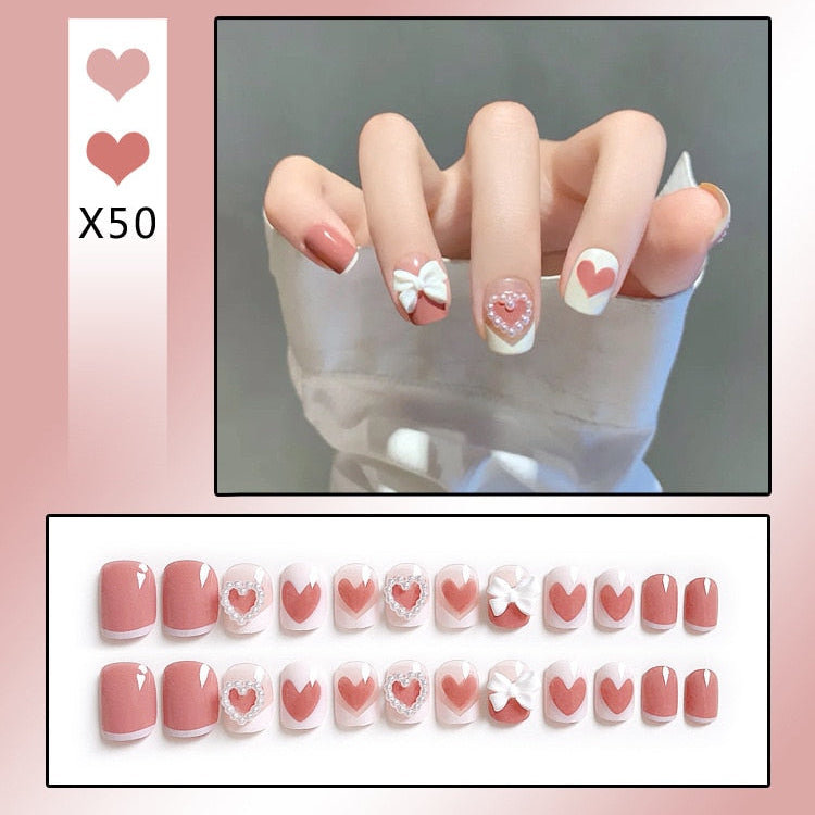 24PCS/Box Bowknot Rabbit Pattern Pearl Short Square Designer Fashion Design French Style Full Covering Pressed Fake Nails X50--Fake Nails