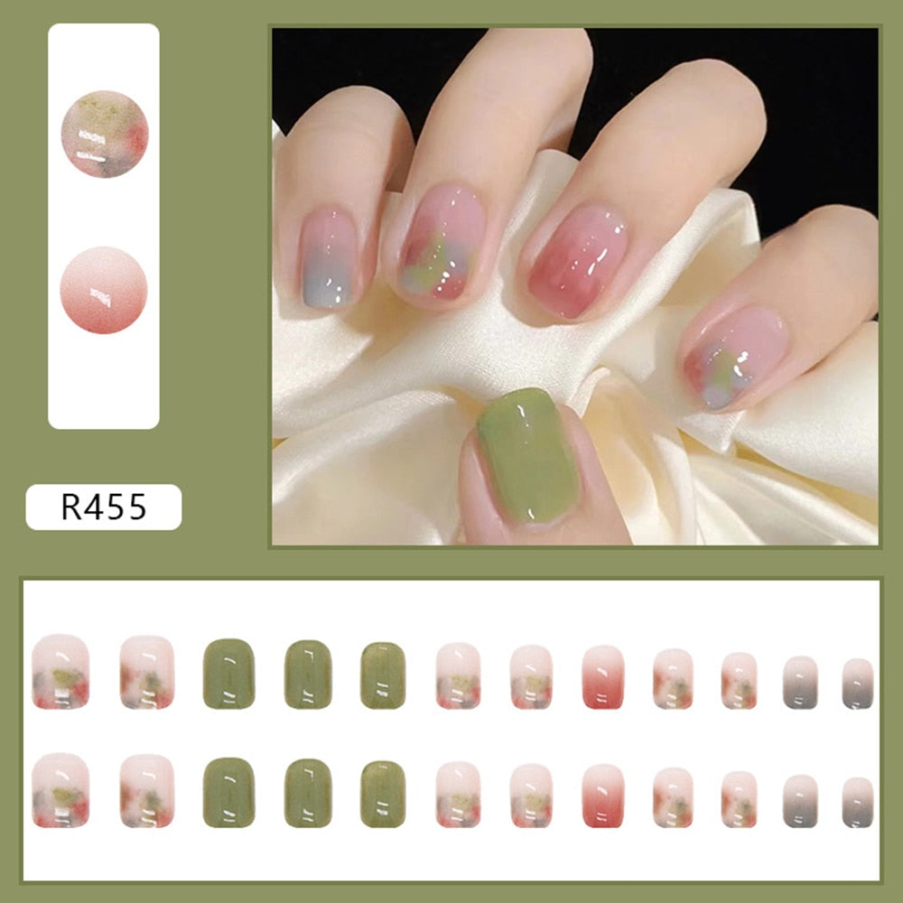 24PCS Fake Nail Patch Cute Short Cow Butterfly Printed False Nail Full Finished for Girl Nail Art Tips Press On Nail Wearable 396852