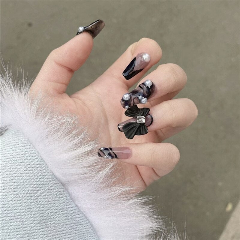 24PCS Glitter Press On Nails Korean Style Heart Rhinestone Design Coffin Fake Nails Full Cover Acrylic Nails Tips for girls Gift B6