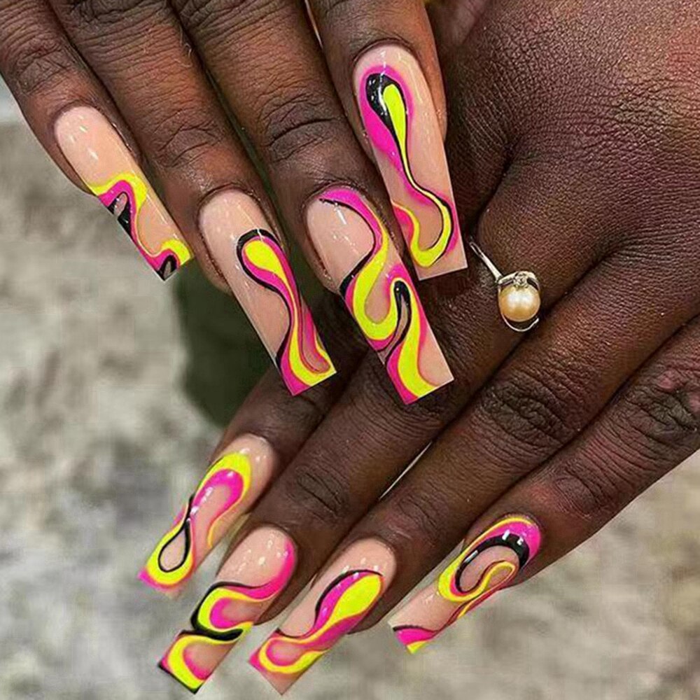 24Pc Detachable Long Coffin Fake Nail Pink White Wave Lines False Nails French Ballerina Artificial Full Cover Press On Nail Tip 10