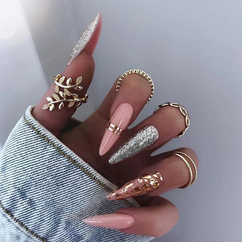 24Pcs Almond False Nails Pointed Head Wearable Fake Nails Pink Leopard Print Design Stiletto Press on Nails Full Cover Nail Tips 764