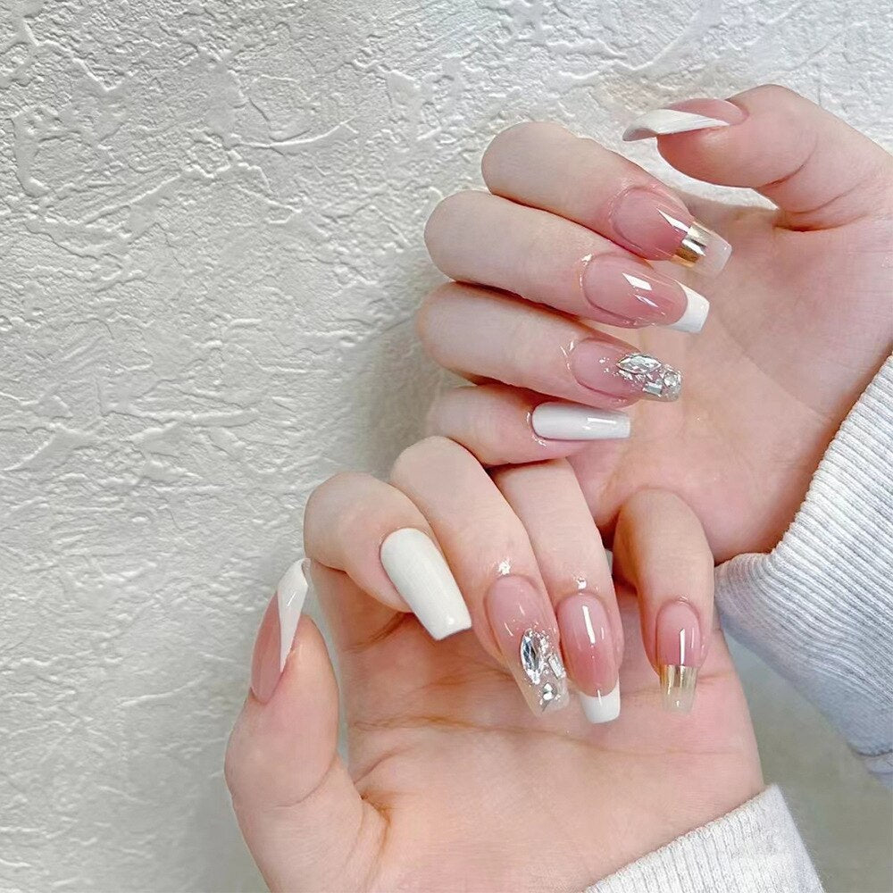 24Pcs Ballet French Coffin False Nails With Flowers Diamonds Designs Press On Fake Nails Detachable Acrylic Manicure Tips AA8