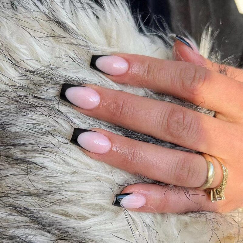 24Pcs Ballet French Coffin False Nails With Flowers Diamonds Designs Press On Fake Nails Detachable Acrylic Manicure Tips BB2