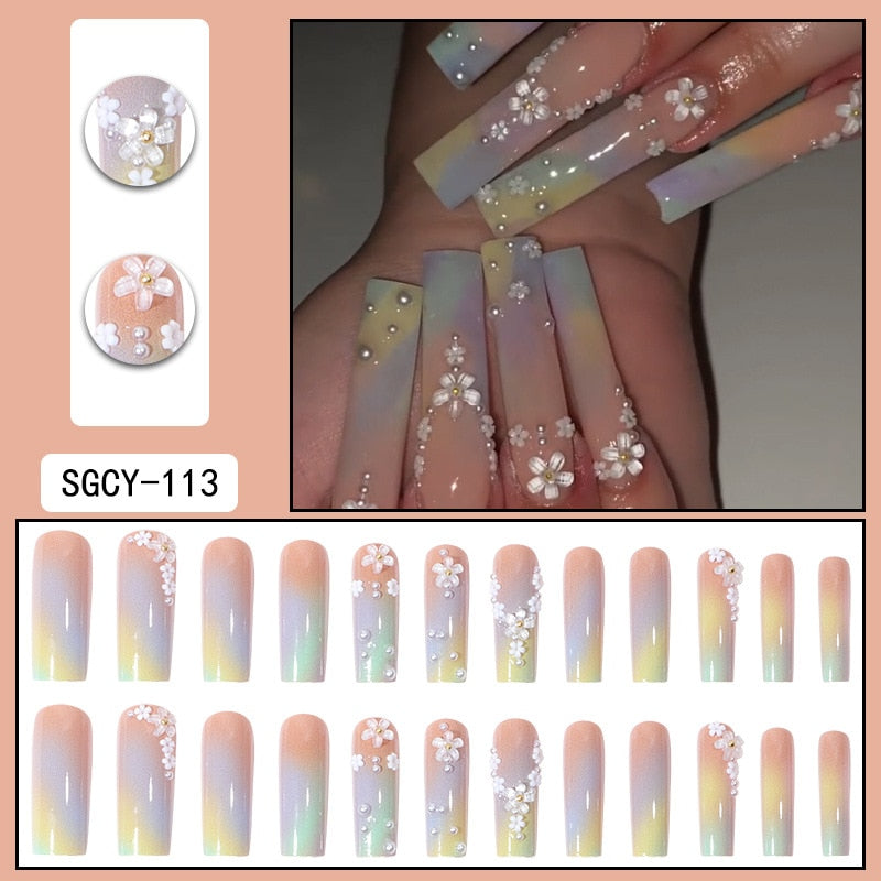 24Pcs Ballet Full Cover Fake Nails Flower Butterfly Design with Rhinestones False Nails Wearable Press on Nails Manicure Tips 113