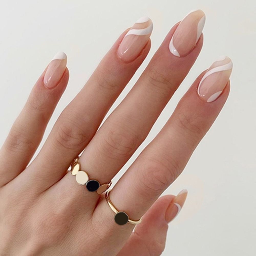 24Pcs/Box Almond Round Wavy False Nails Detachable Stiletto Fake Nails Full Cover French Ballerina Nail Tips Press On Nails b3