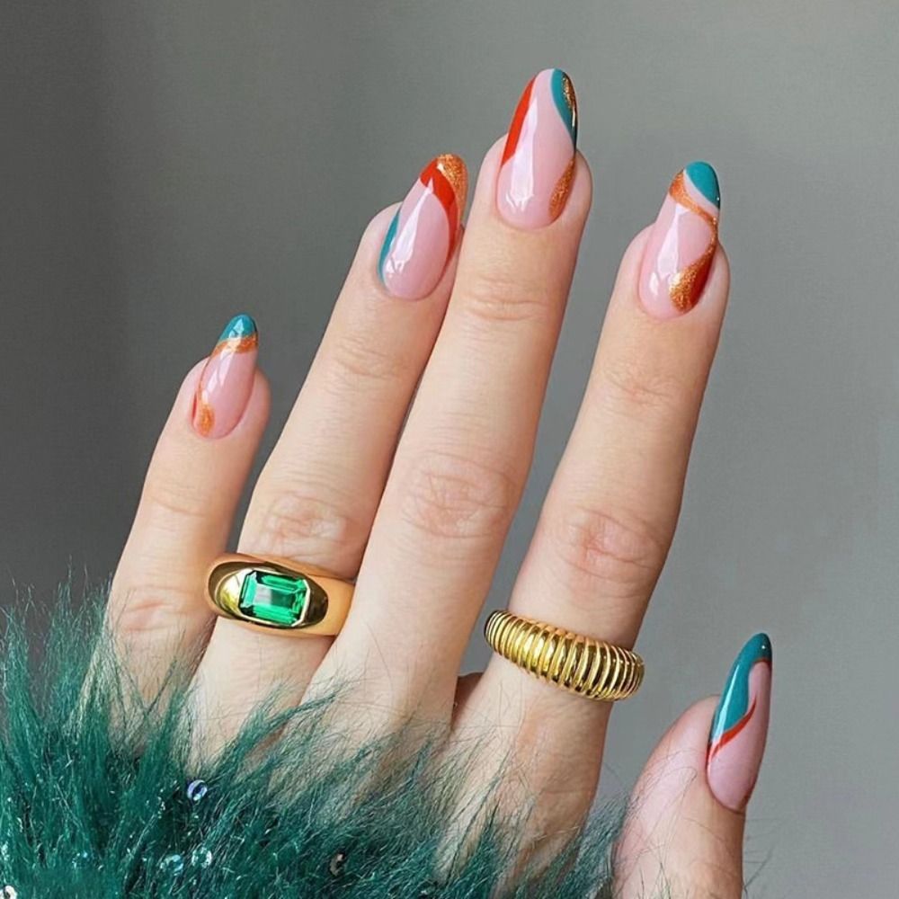 24Pcs/Box Almond Round Wavy False Nails Detachable Stiletto Fake Nails Full Cover French Ballerina Nail Tips Press On Nails NEW4