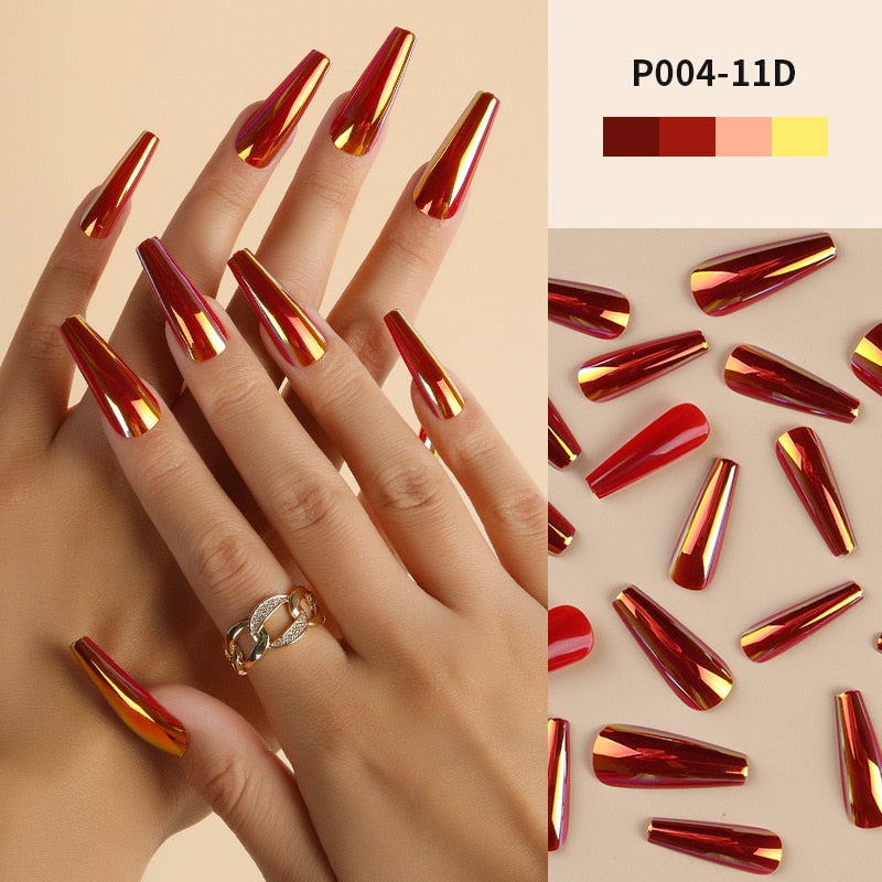 24Pcs/Box Ballerina Press on Nails Tips False Nail Art Full Cover Detachable Artificial Fake Nails Metal Mirror Powder Design 11