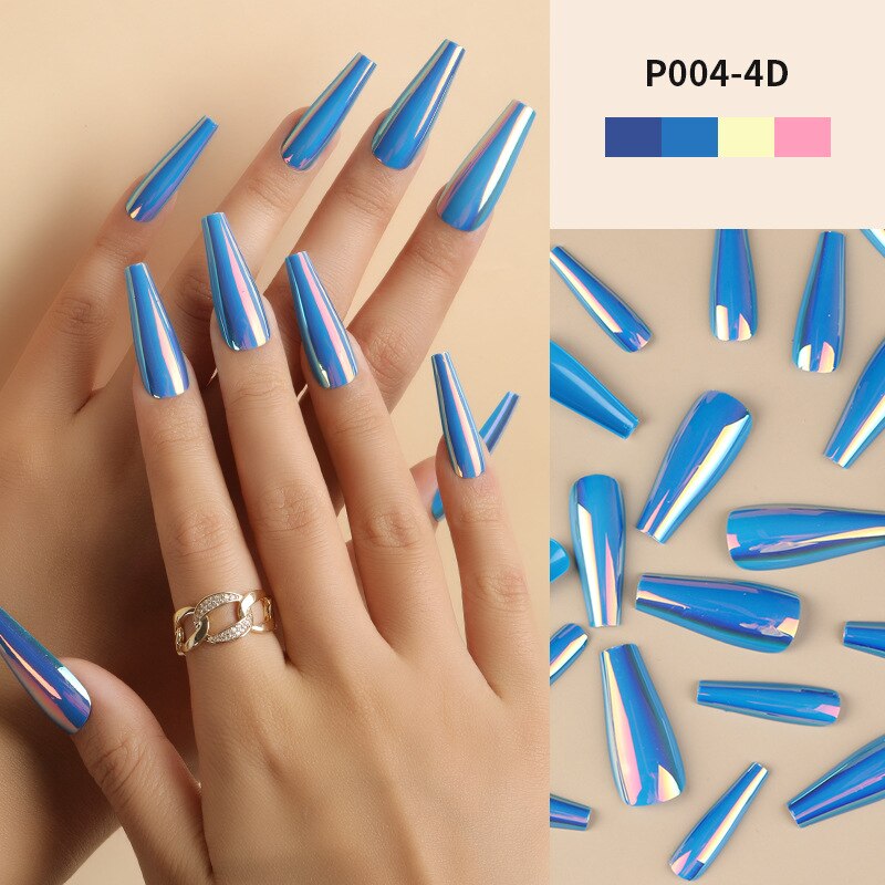 24Pcs/Box Ballerina Press on Nails Tips False Nail Art Full Cover Detachable Artificial Fake Nails Metal Mirror Powder Design 4