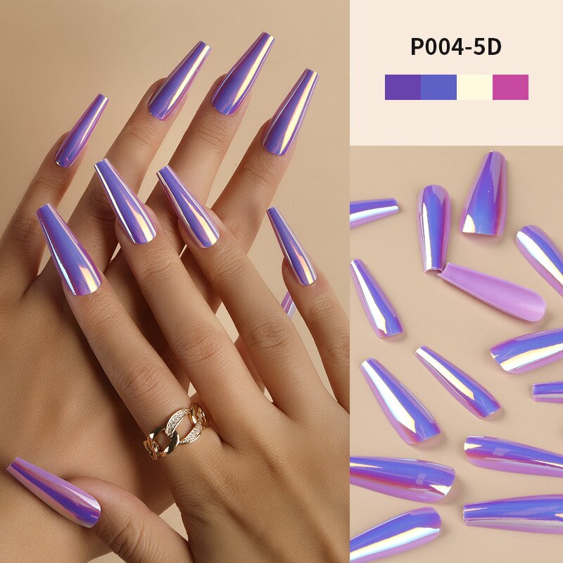 24Pcs/Box Ballerina Press on Nails Tips False Nail Art Full Cover Detachable Artificial Fake Nails Metal Mirror Powder Design