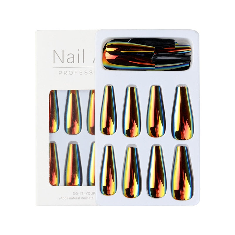 24Pcs/Box Ballerina Press on Nails Tips False Nail Art Full Cover Detachable Artificial Fake Nails Metal Mirror Powder Design AMAIO