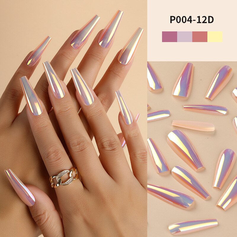 24Pcs/Box Ballerina Press on Nails Tips False Nail Art Full Cover Detachable Artificial Fake Nails Metal Mirror Powder Design 12