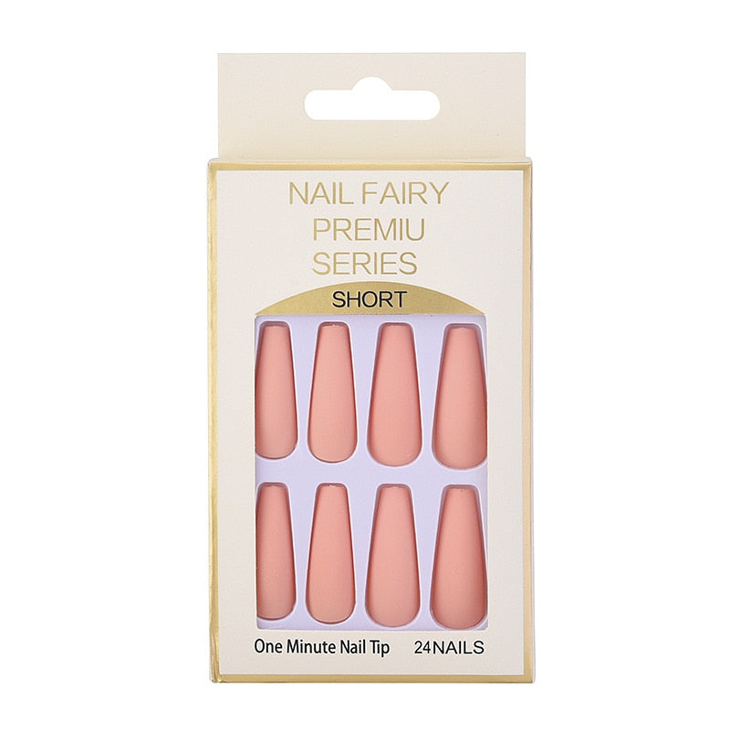 24Pcs/Box Matte Frosted False Nails Detachable Fake Nail Press On Full Cover Nail Tips With Glue Ballet Artificial Fingernails HZ-BL-A37
