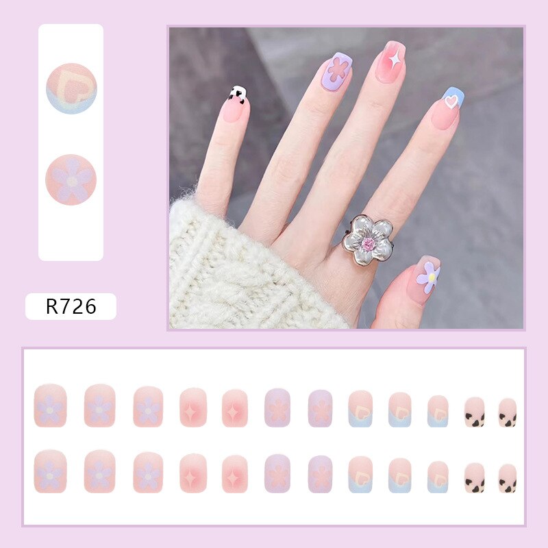 24Pcs/Box Sweet Short Round/Square Head False Nail Art Full Cover Detachable Artificial Fake Nails Ballerina Press on Nails Tips R726