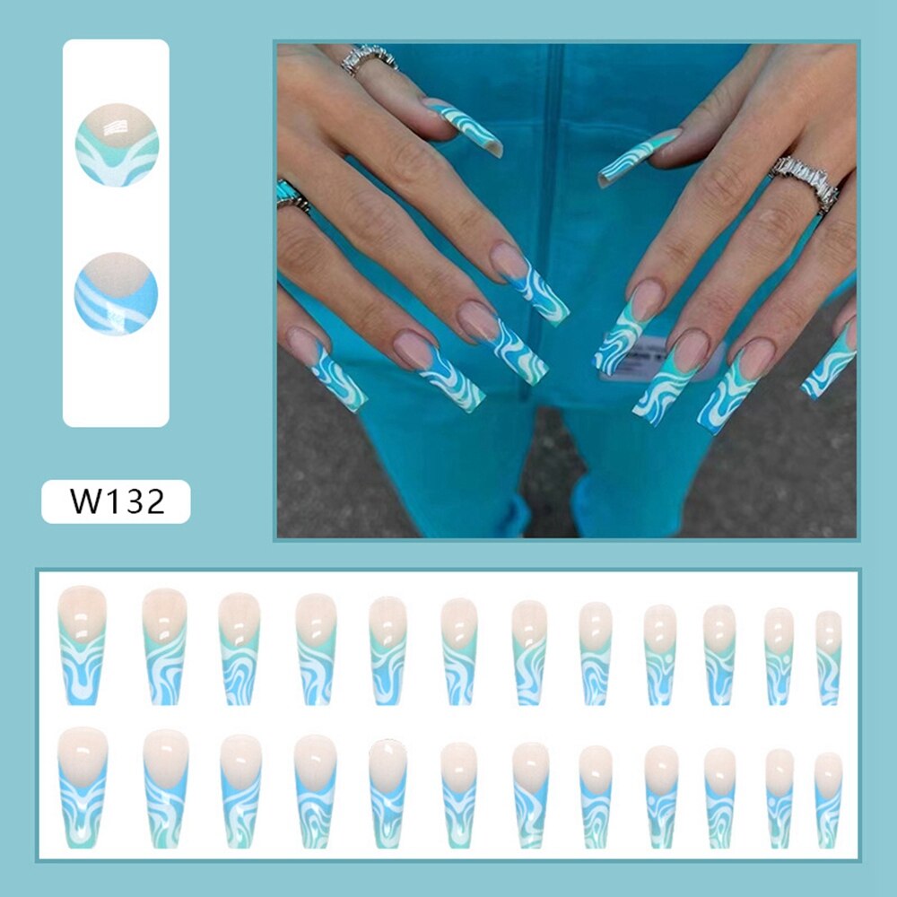 24Pcs Detachable Artificial Fake Nails French Purple Grape Blue wave Design Long Ballet Coffin Press On Nail False Manicure Tips 2
