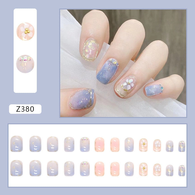 24Pcs Detachable False Nails Rhinestones Blue Wearable Fake Nails Full Cover Nail Tips Fake Nail with Moon Design Press on Nails Z380