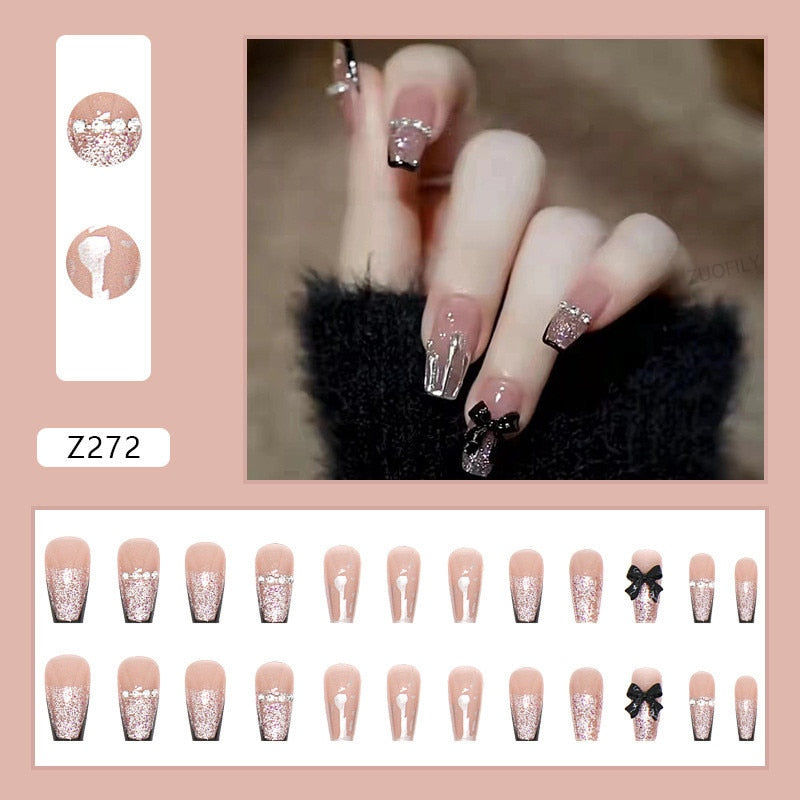 24Pcs Detachable False Nails Rhinestones Blue Wearable Fake Nails Full Cover Nail Tips Fake Nail with Moon Design Press on Nails Z272