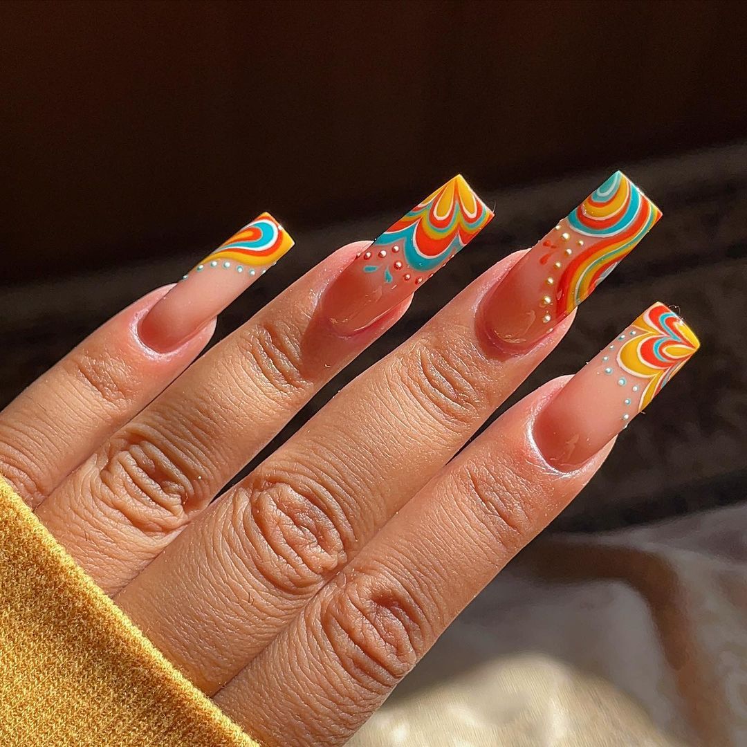 24Pcs Extra Long Ballet False Nails with Rhinestone Acrylic Square Head Fake Nails Heart-shaped Designs Wearable Press on Nails 567