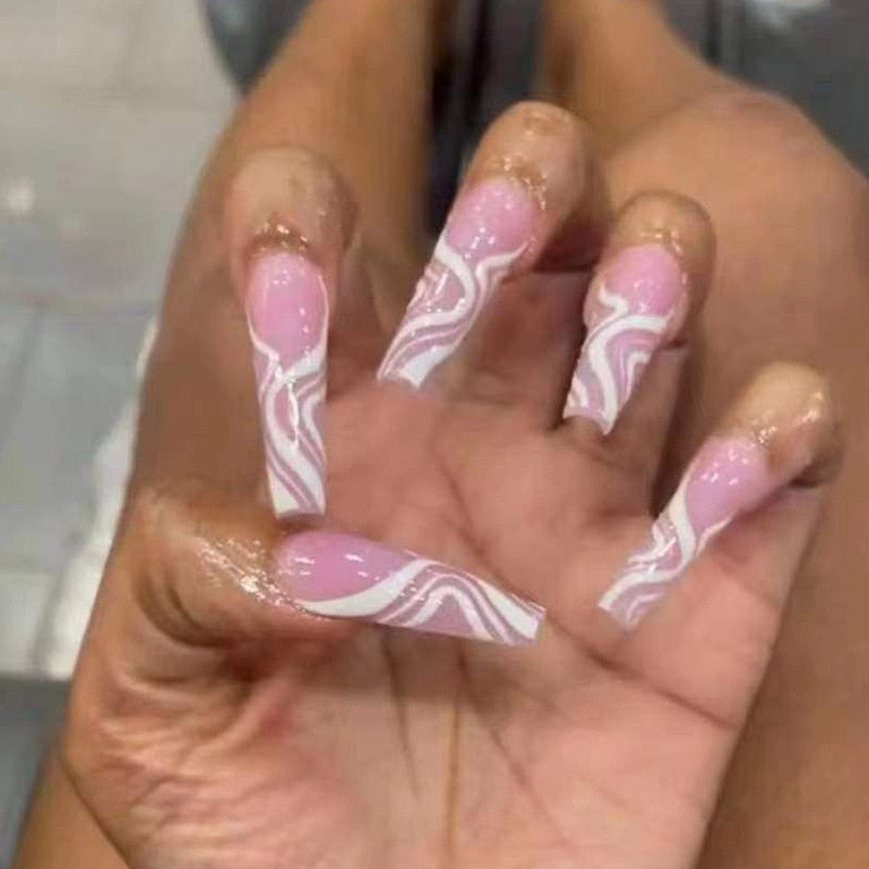 24Pcs Extra Long Ballet False Nails with Rhinestone Acrylic Square Head Fake Nails Heart-shaped Designs Wearable Press on Nails 290