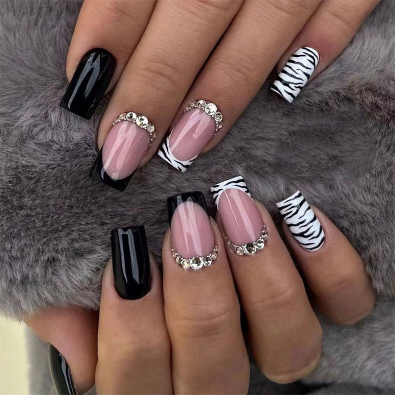 24Pcs False Nails Black French Square Head Striped Rhinestone Manicure Full Cover Nail Tips Detachable Fake Nails Press on Nails AA1