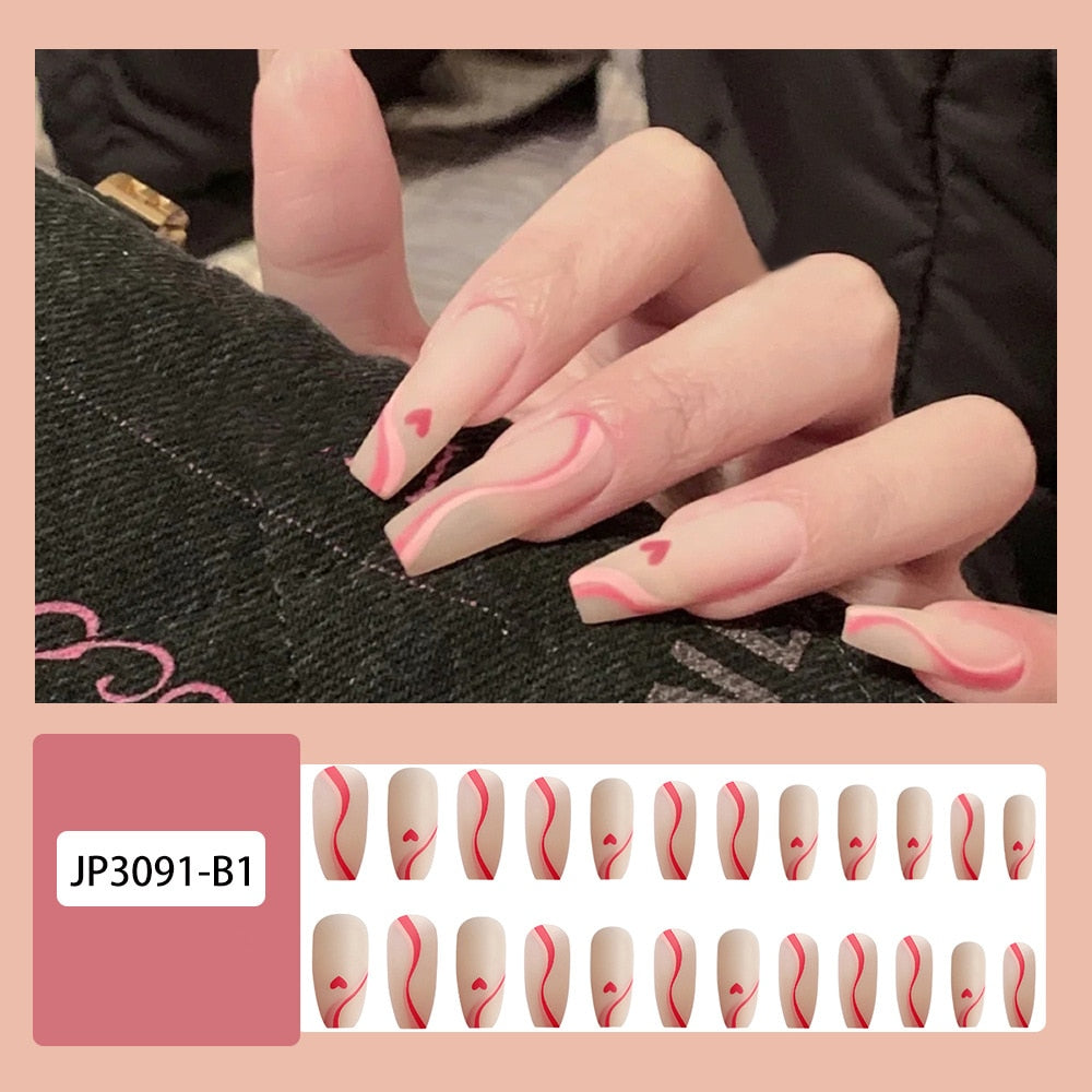 24Pcs Fashion Wearable Nail Art Butterfly Design Detachable Nude Color Coffin Fake Nails with Glue Full Cover Press on Nails MT593JP3091B1
