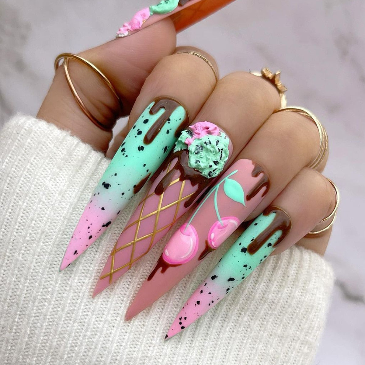 24Pcs Frosting False Nail Tips with Golden Glitter Designs French Rhinestone Manicure Stiletto Fake Nails Set Press on Nails 014