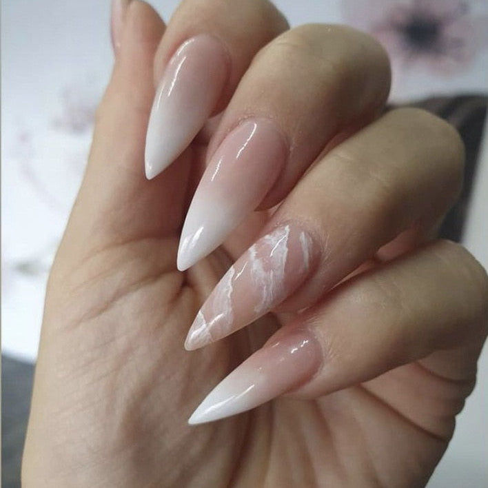 24Pcs Frosting False Nail Tips with Golden Glitter Designs French Rhinestone Manicure Stiletto Fake Nails Set Press on Nails 117