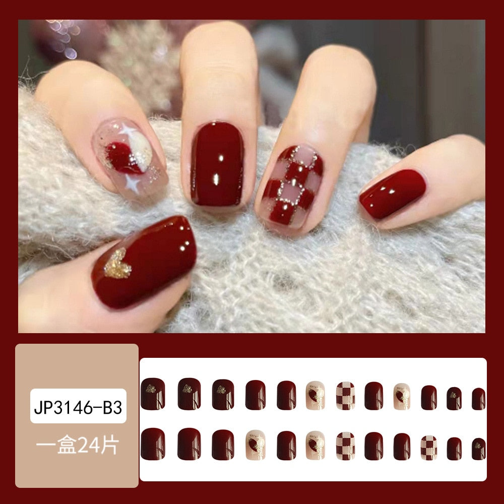 24Pcs Full Cover Fake Nails with 3D White Flower Design Full Cover Press on Fingernails Tips Coffin Head Glitter Red False Nails J7