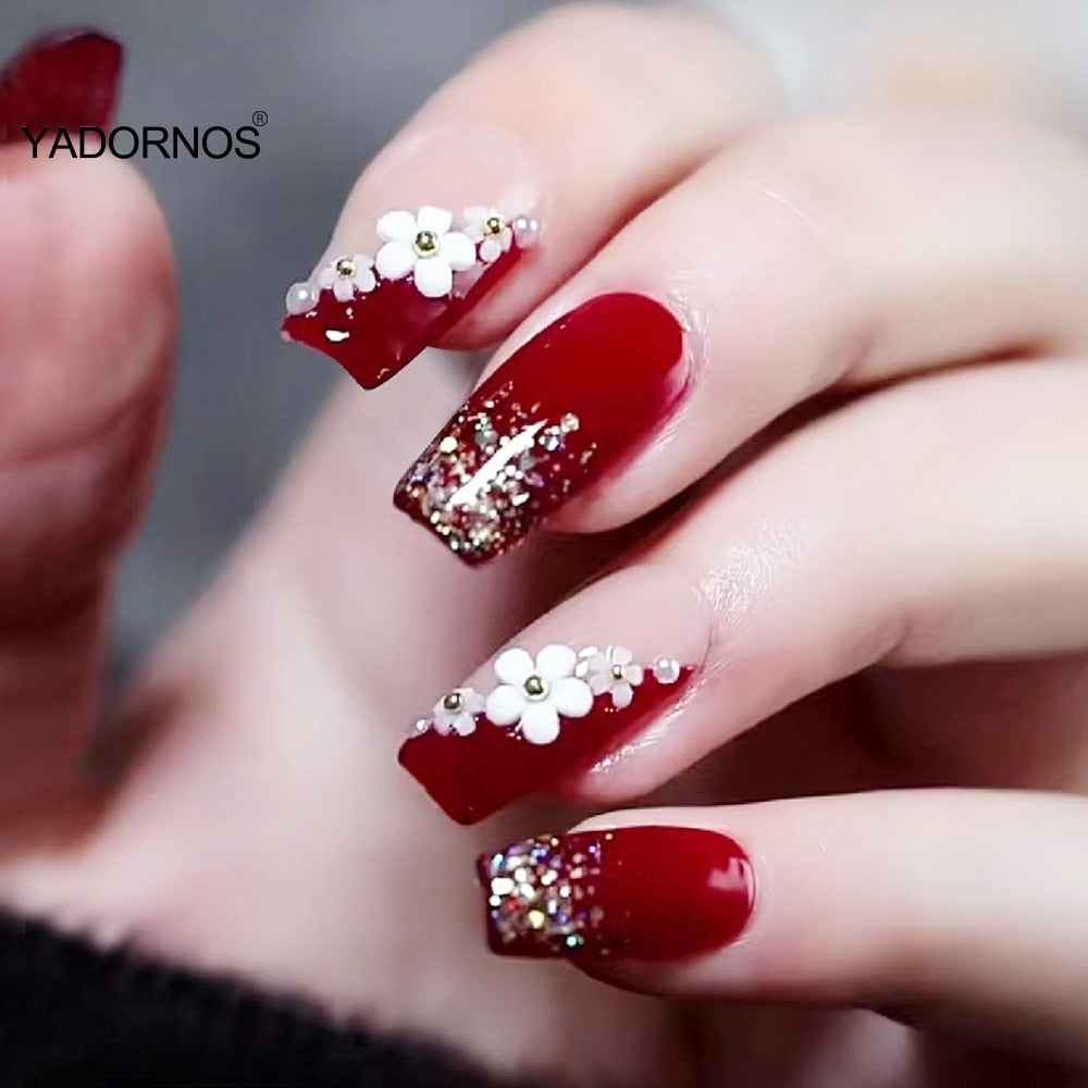 24Pcs Full Cover Fake Nails with 3D White Flower Design Full Cover Press on Fingernails Tips Coffin Head Glitter Red False Nails AMAIO