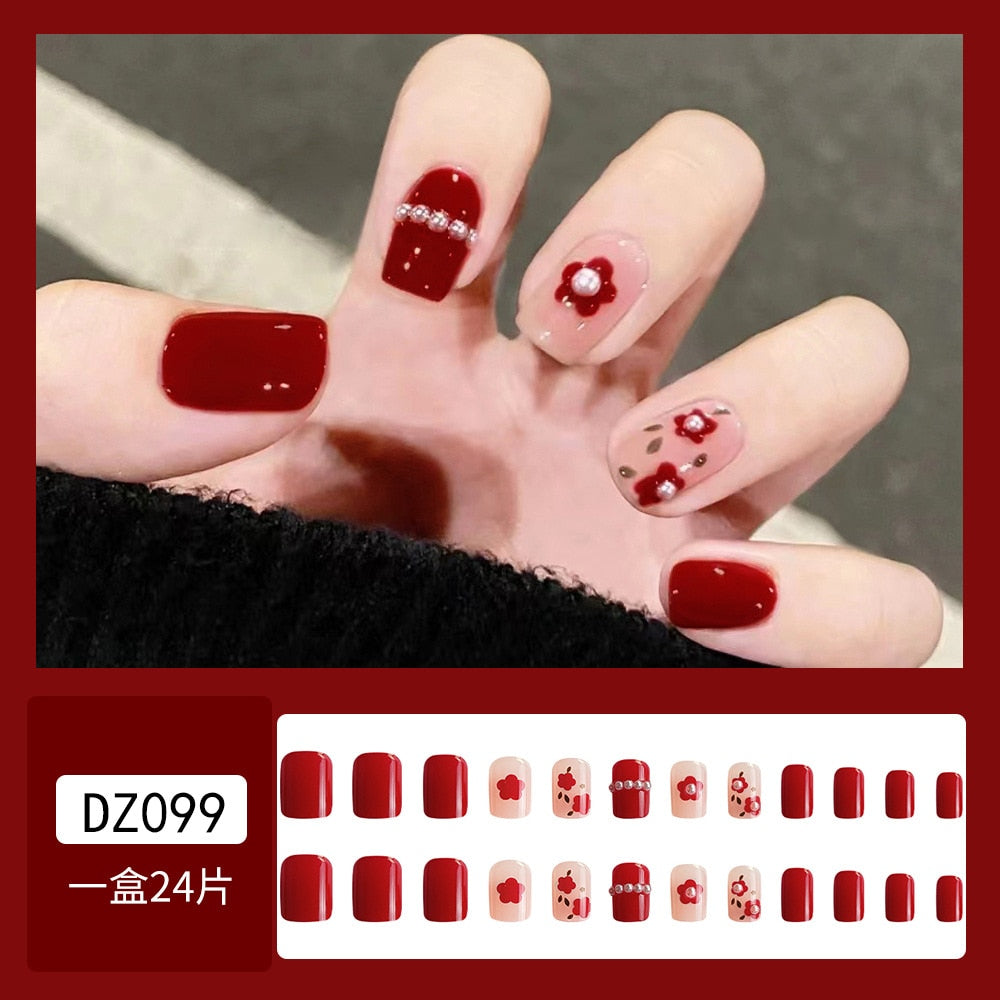 24Pcs Full Cover Fake Nails with 3D White Flower Design Full Cover Press on Fingernails Tips Coffin Head Glitter Red False Nails J5