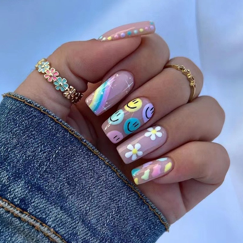 24Pcs Full Cover False Nails with Glue Extra Long Ballerina Coffin Detachable Fake Nails Flower Design Press on Nails Manicure 56