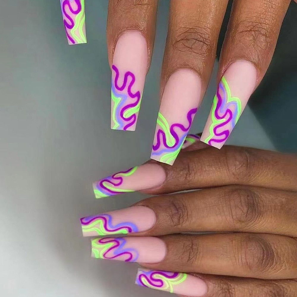 24Pcs Full Cover False Nails with Glue Extra Long Ballerina Coffin Detachable Fake Nails Flower Design Press on Nails Manicure 91