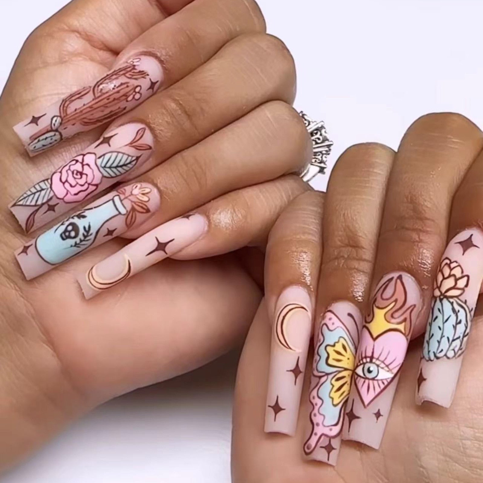 24Pcs Full Cover False Nails with Glue Extra Long Ballerina Coffin Detachable Fake Nails Flower Design Press on Nails Manicure CJ-05