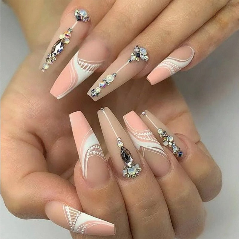 24Pcs Full Cover False Nails with Glue Extra Long Ballerina Coffin Detachable Fake Nails Flower Design Press on Nails Manicure 1812