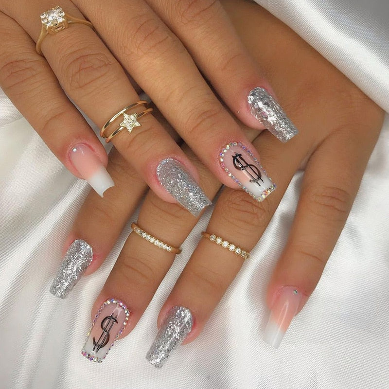 24Pcs Full Cover False Nails with Glue Long Square Coffin Fake Nails French Detachable Ballet Love Pattern Design Press on Nails 608
