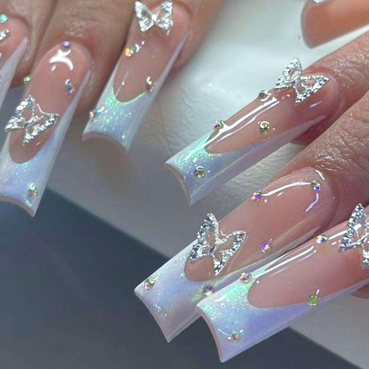 24Pcs Full Cover False Nails with Glue Long Square Coffin Fake Nails French Detachable Ballet Love Pattern Design Press on Nails BW32