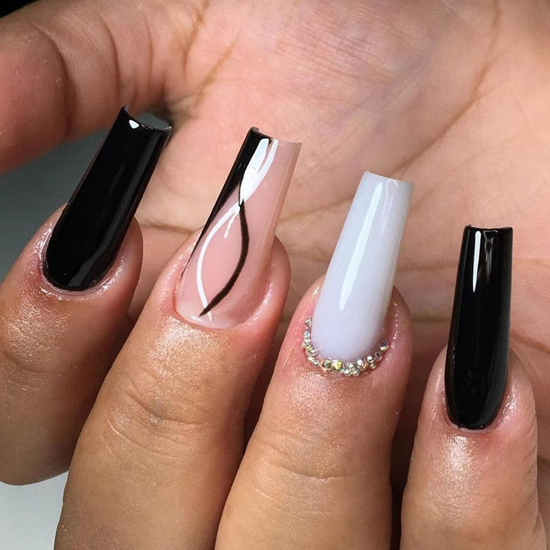 24Pcs Full Cover False Nails with Glue Long Square Coffin Fake Nails French Detachable Ballet Love Pattern Design Press on Nails 634