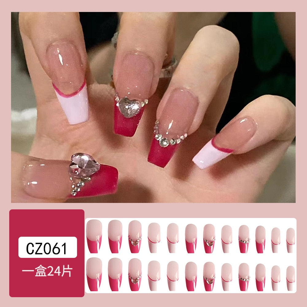 24Pcs Glitter Pink Fake Nails Press on French Set almond Cute Nail Art korean Fake Nails Acrylic Full Cover Tips with Glue CZ061