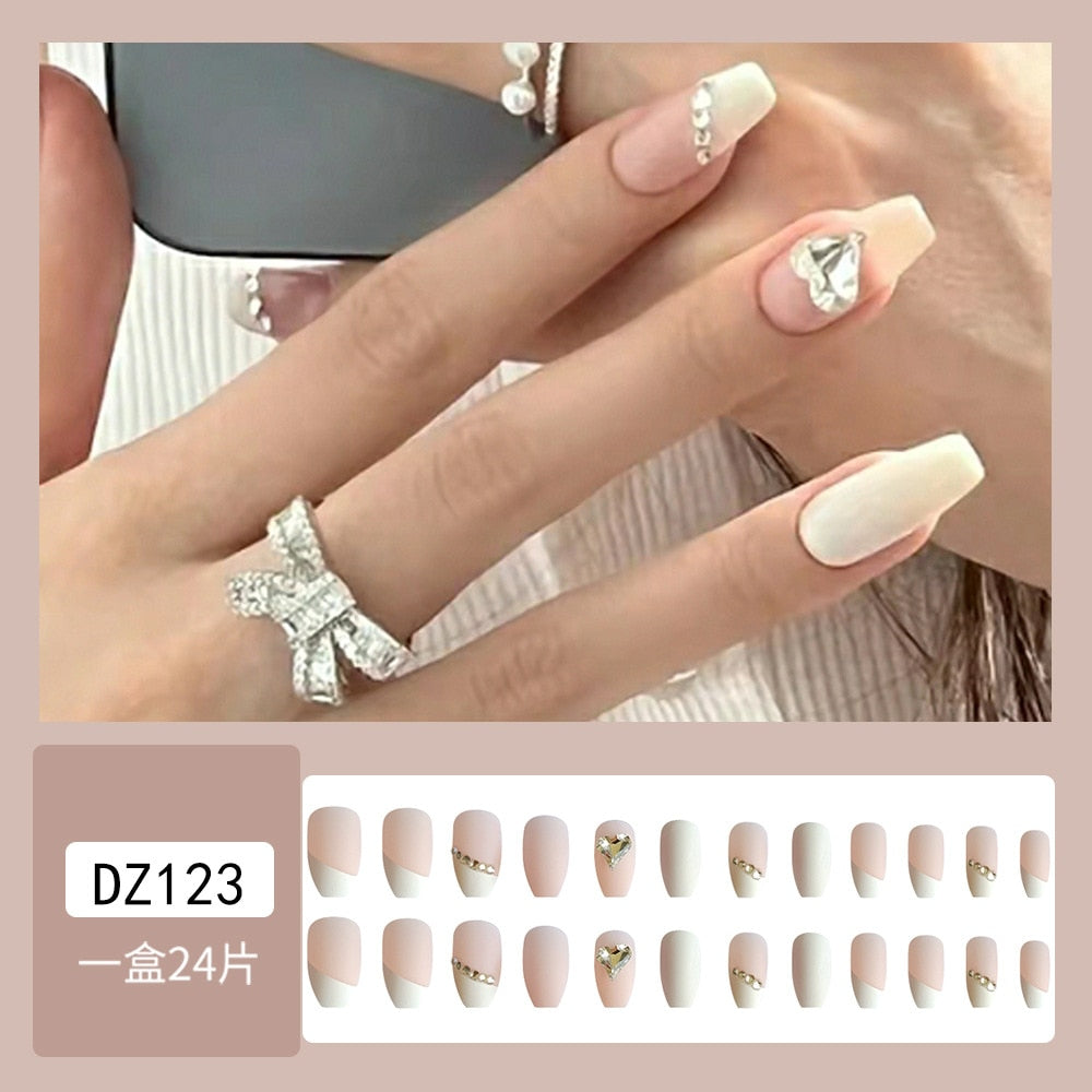 24Pcs Glitter Pink Fake Nails Press on French Set almond Cute Nail Art korean Fake Nails Acrylic Full Cover Tips with Glue DZ123-5-4