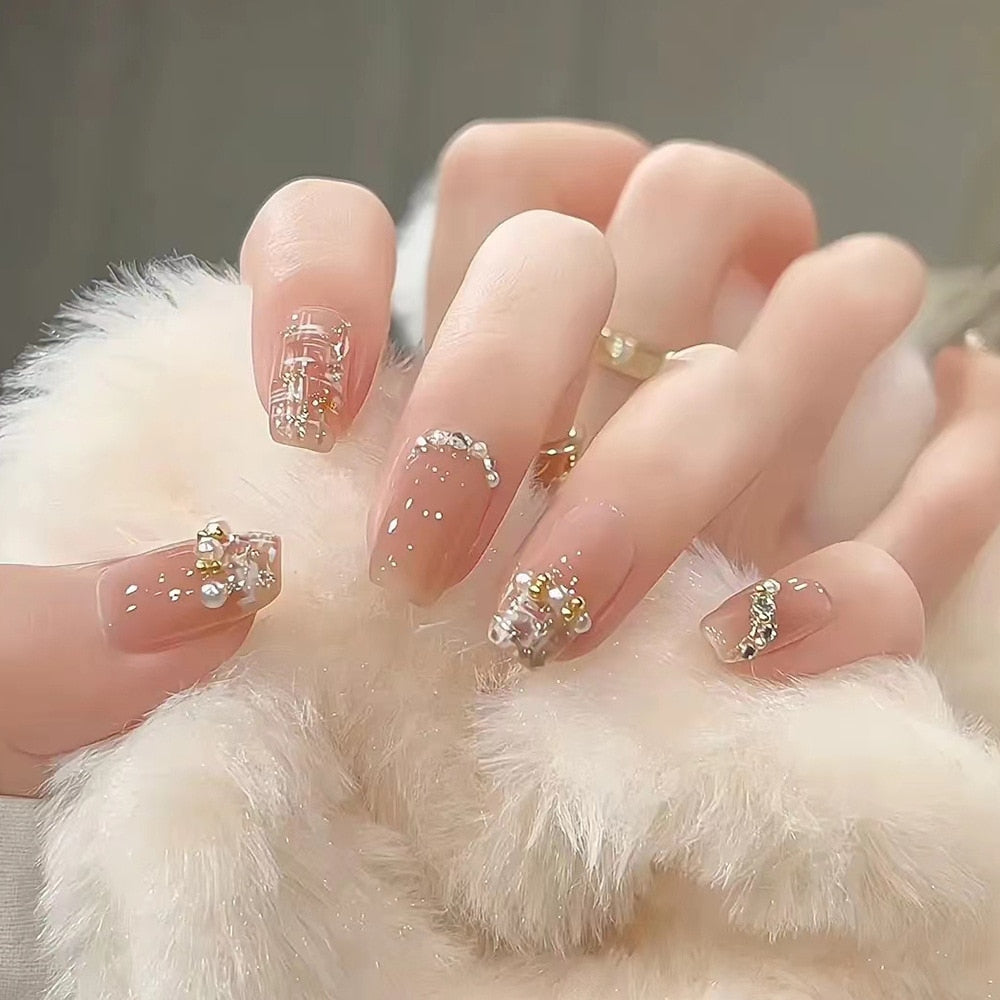 24Pcs Glitter Pink Fake Nails Press on French Set almond Cute Nail Art korean Fake Nails Acrylic Full Cover Tips with Glue DZ243