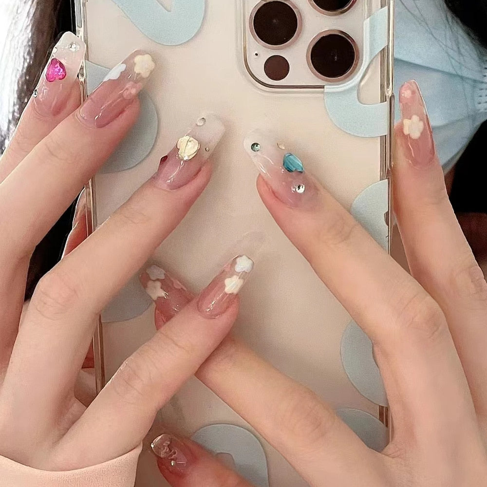 24Pcs Glitter Pink Fake Nails Press on French Set almond Cute Nail Art korean Fake Nails Acrylic Full Cover Tips with Glue CZ059-5-3