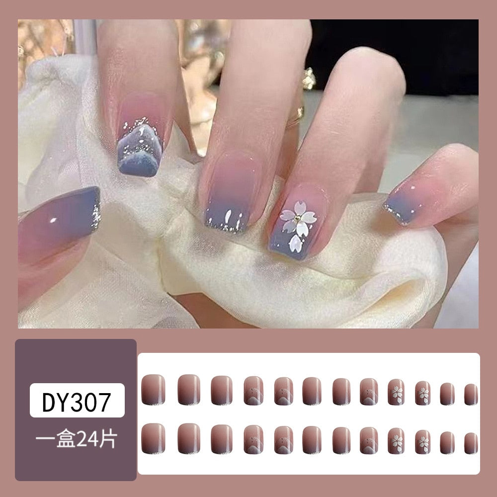 24Pcs Glitter Pink Fake Nails Press on French Set almond Cute Nail Art korean Fake Nails Acrylic Full Cover Tips with Glue DY307-5-7