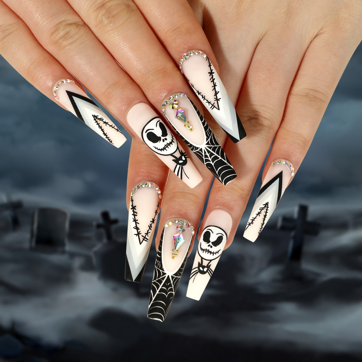 24Pcs Halloween Black Ghost Long Ballet False Nails With Heart Blood Design Halloween Press On Nails Detachable Full Cover Nails 2498