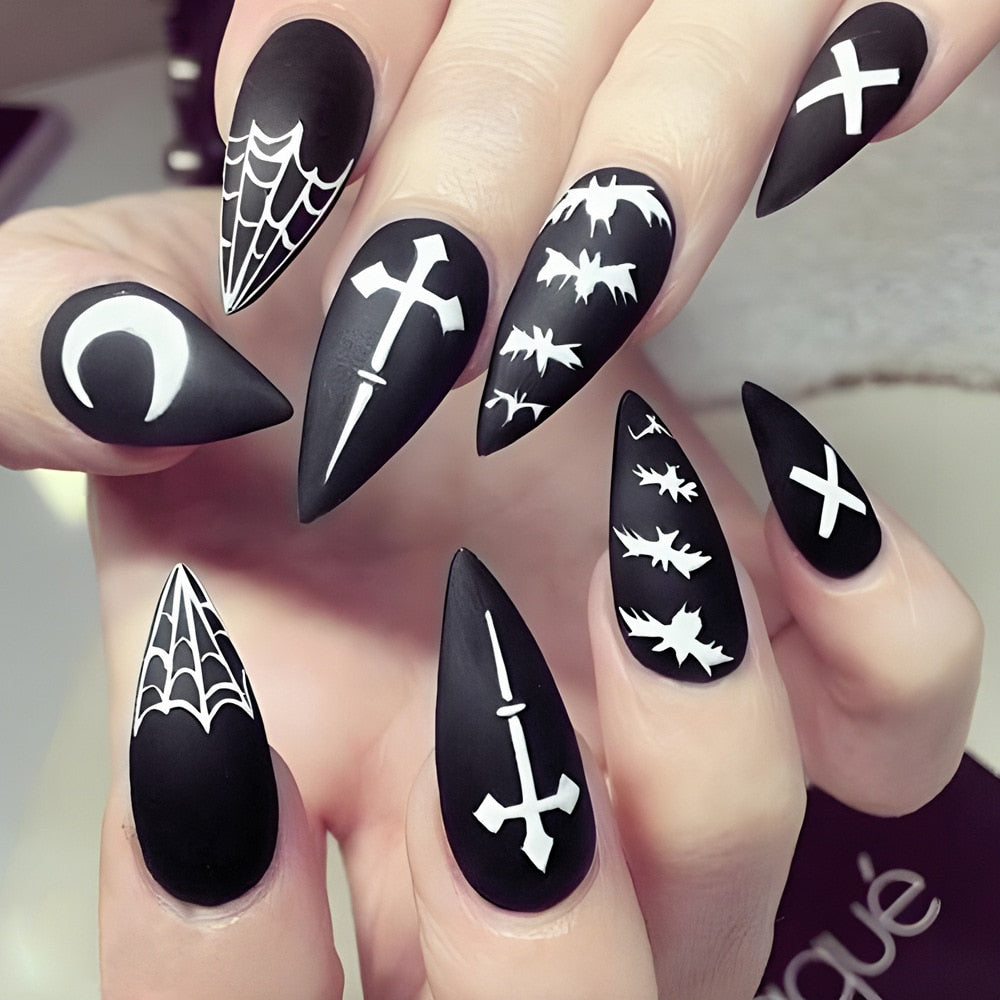 24Pcs Halloween Black Ghost Long Ballet False Nails With Heart Blood Design Halloween Press On Nails Detachable Full Cover Nails DY348